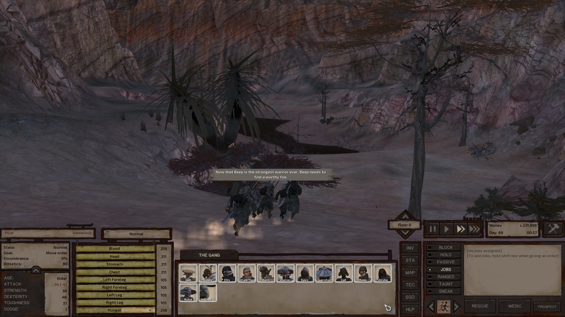 The gang walks through the aforementioned canyon, Beep talking as they go. The river is pretty dry here but a pool of water remains, partially hidden behind a forked-trunk palm tree. A few other deciduous trees sparsely line the riverbed, suggesting that it has been this dry for quite some time.