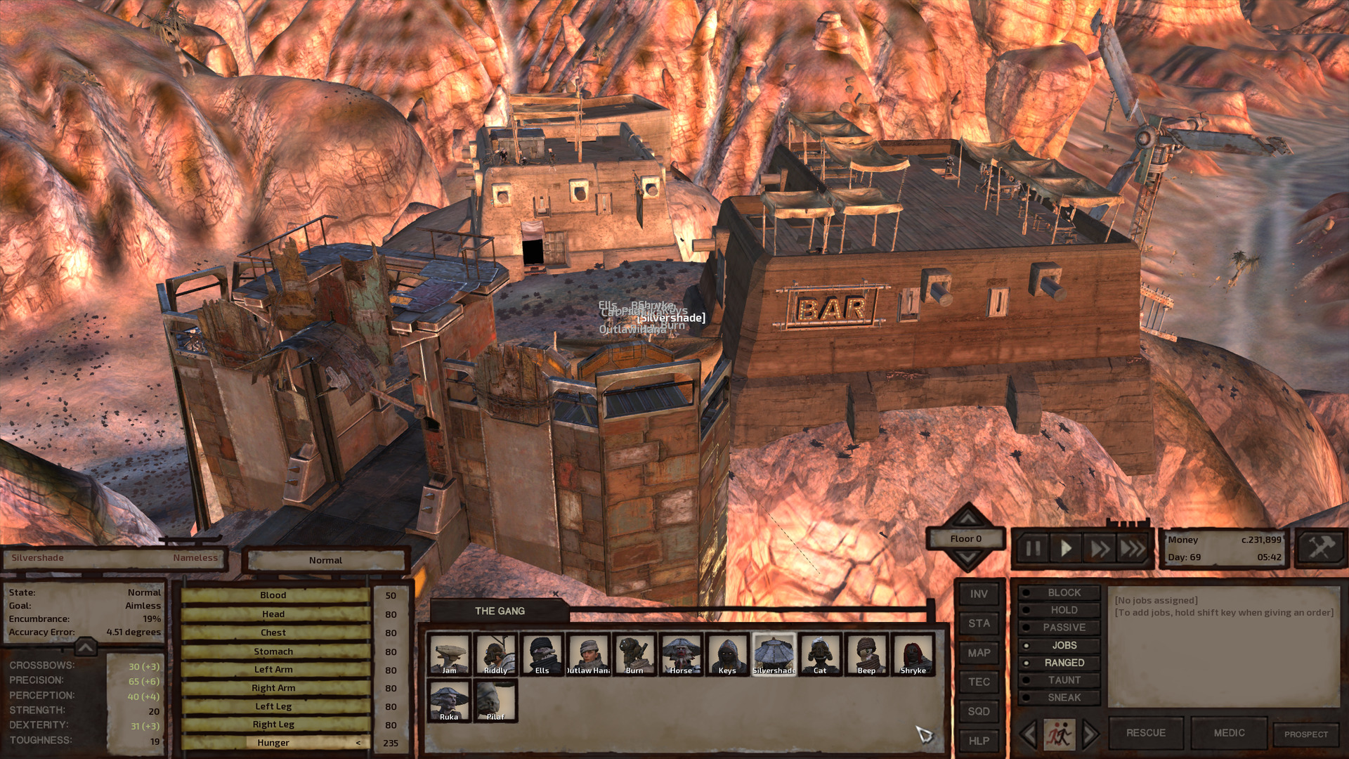 A little outpost on a high badlands ridge. It needs no walls to surround it; a gate is enough, spanning the entirety of the thin stretch of ridge leading up to the outpost. There is a windmill and three buildings. The largest is an L-shaped building with a neon sign that reads BAR. The middle is your typical square house and the smallest is a rectangular shack behind said house. The bar has numerous beds on the roof, somewhat protected from the elements by a series of square tarps stretched across posts above them.