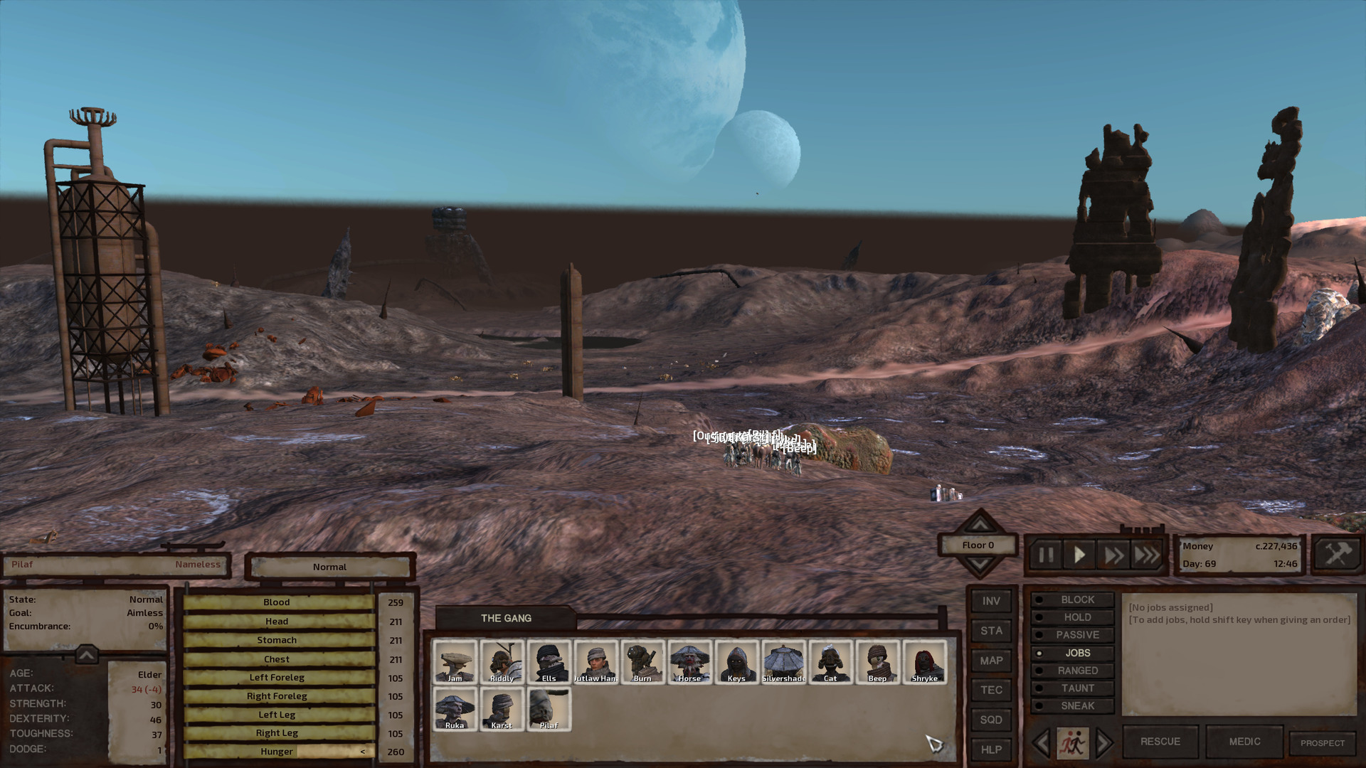 The gang stands at the place that will become their base, a shallow hill of dark, faded brown, wet ground with little pools where water has collected, like wet fingerprints pressed into the land. Rusted, ferrous scraps of metal litter the ground in a cluster next to a towering, rusted old storage tank. Past this, a path runs across the shot, a clear line of much paler ground. The scene extends into the distance with the ground becoming greyer and more dismal. A thick brown haze hangs in the air there, shrouding further ruins in that direction and making what we can see more vague and indistinct. Still, the sky above remains a pale blue. The sun does shine on this land.