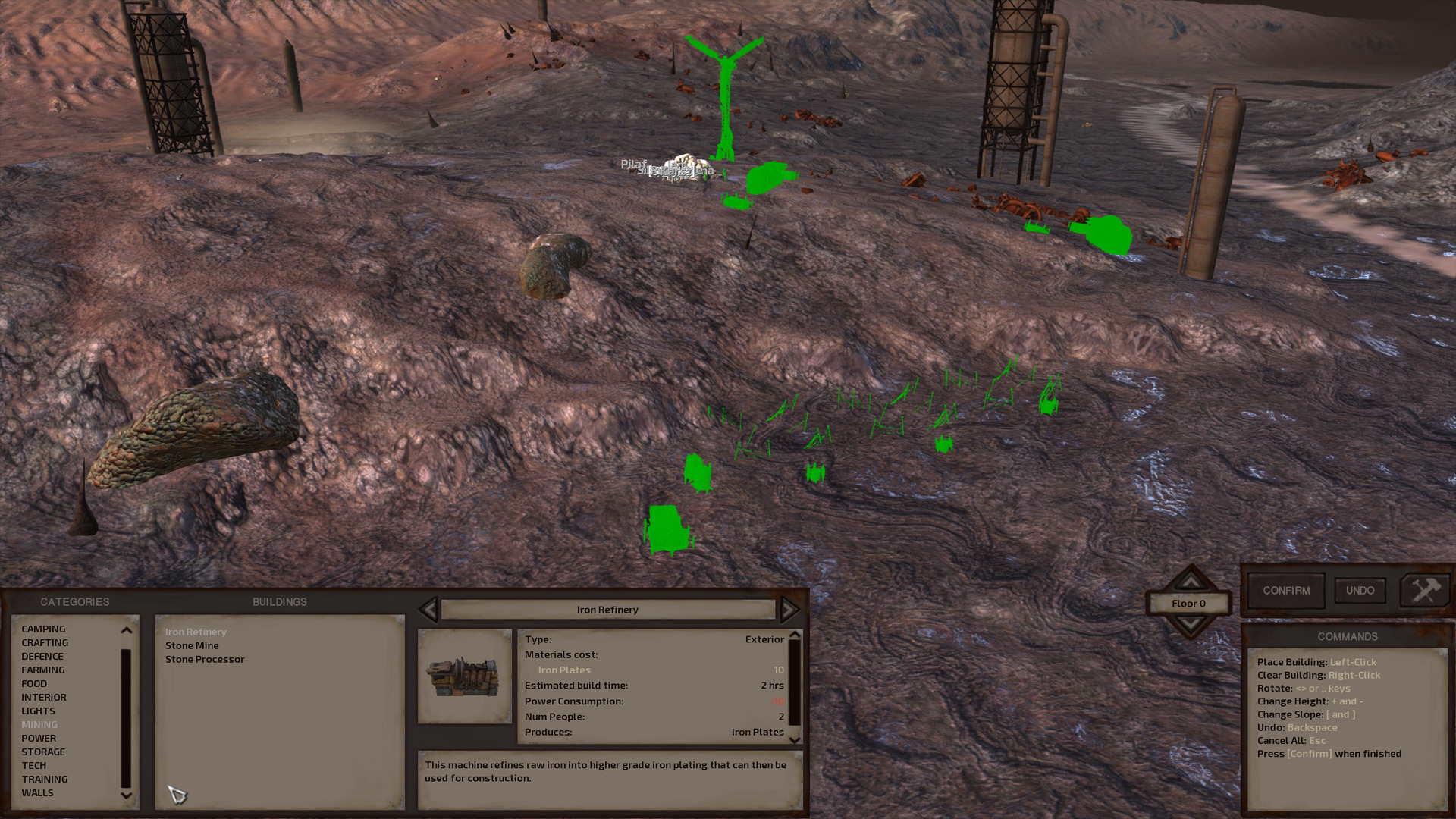 The aforementioned buildings are being placed, about to be built. The building screen is still open, building menus replacing the usual HUD across the bottom quarter of the screen, so all these buildings are currently coloured bright green to signify that they can, in fact, be placed in the chosen locations.