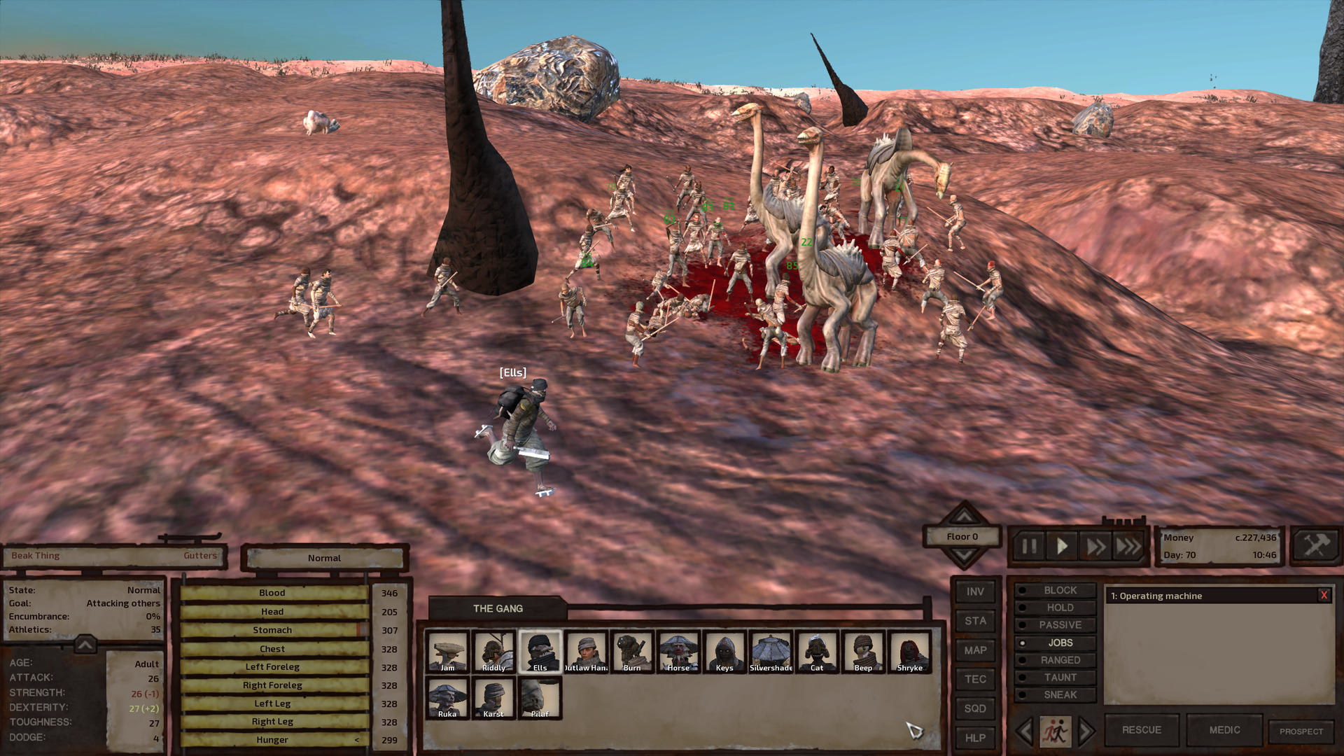 Ells runs by in the foreground while a mob of 30 or so hungry bandits takes on three beak things. Already, a massive pool of blood stains the ground red from bandits torn asunder.