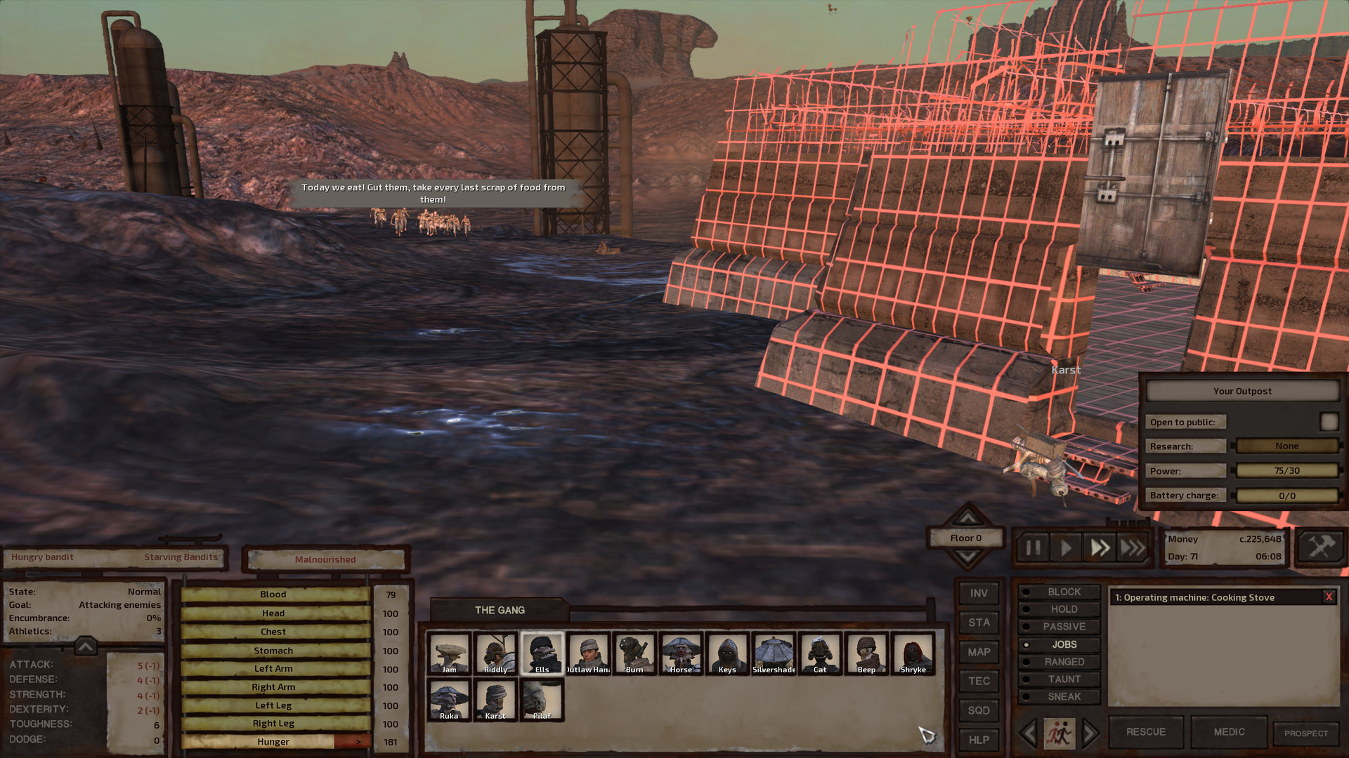 Karst works on an L-shaped building in progress. It's not very far along, more red grid than textured edifice at this point. In the background, between two ancient rusted fluid storage tanks, a numerous group of hungry bandits charges toward them, shouting.