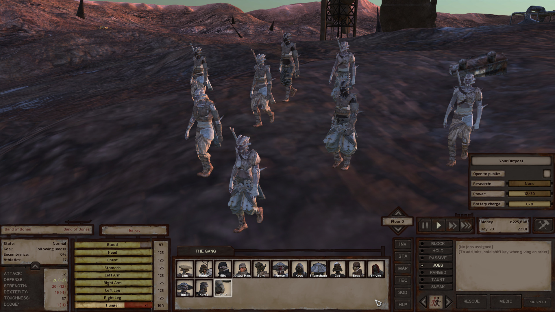 A few of the Band of Bones walk across the dark grey ground. They're all shek with cut horns wearing leather chest armour with either armoured rag skirts or samurai legplates. They have cleavers strapped to their backs.