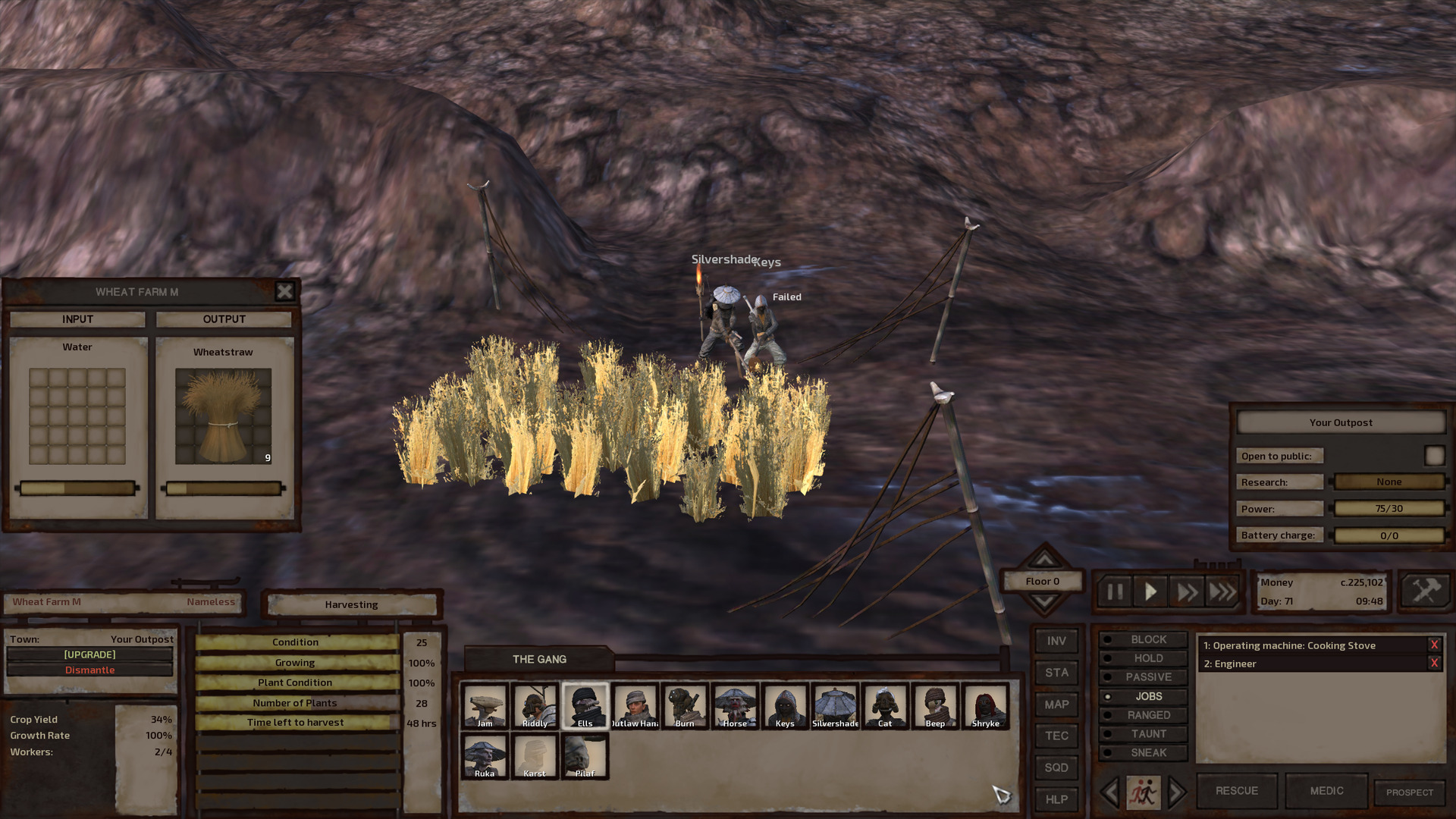 A square patch of wheat growing from the muddy soil. Silvershade and Keys are whacking at it with hoes. In the air next to Keys' head is the word Failed.