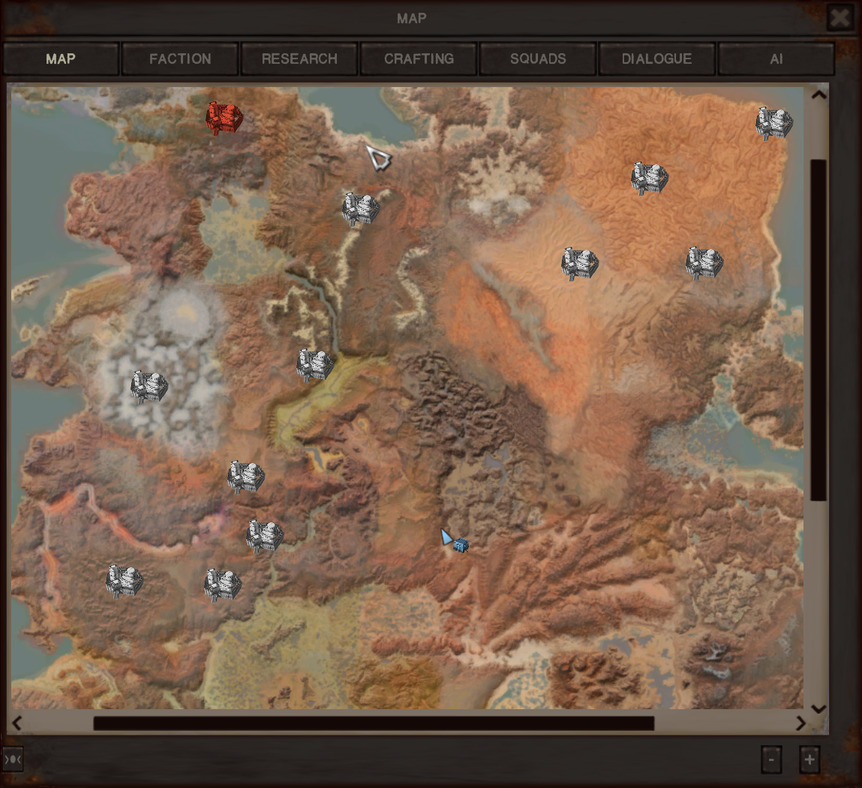 The map, zoomed most of the way out. The base is now shown on the map with a little light blue house icon, the same used for villages. To reach the fishing village, they'll have to travel all the way up the desert of Skinner's Roam, across the northern tip of Okran's Pride, all the way up through the more orange desert of Okran's Valley, and across the region called Northern Coast to the actual, you know, northern coast.