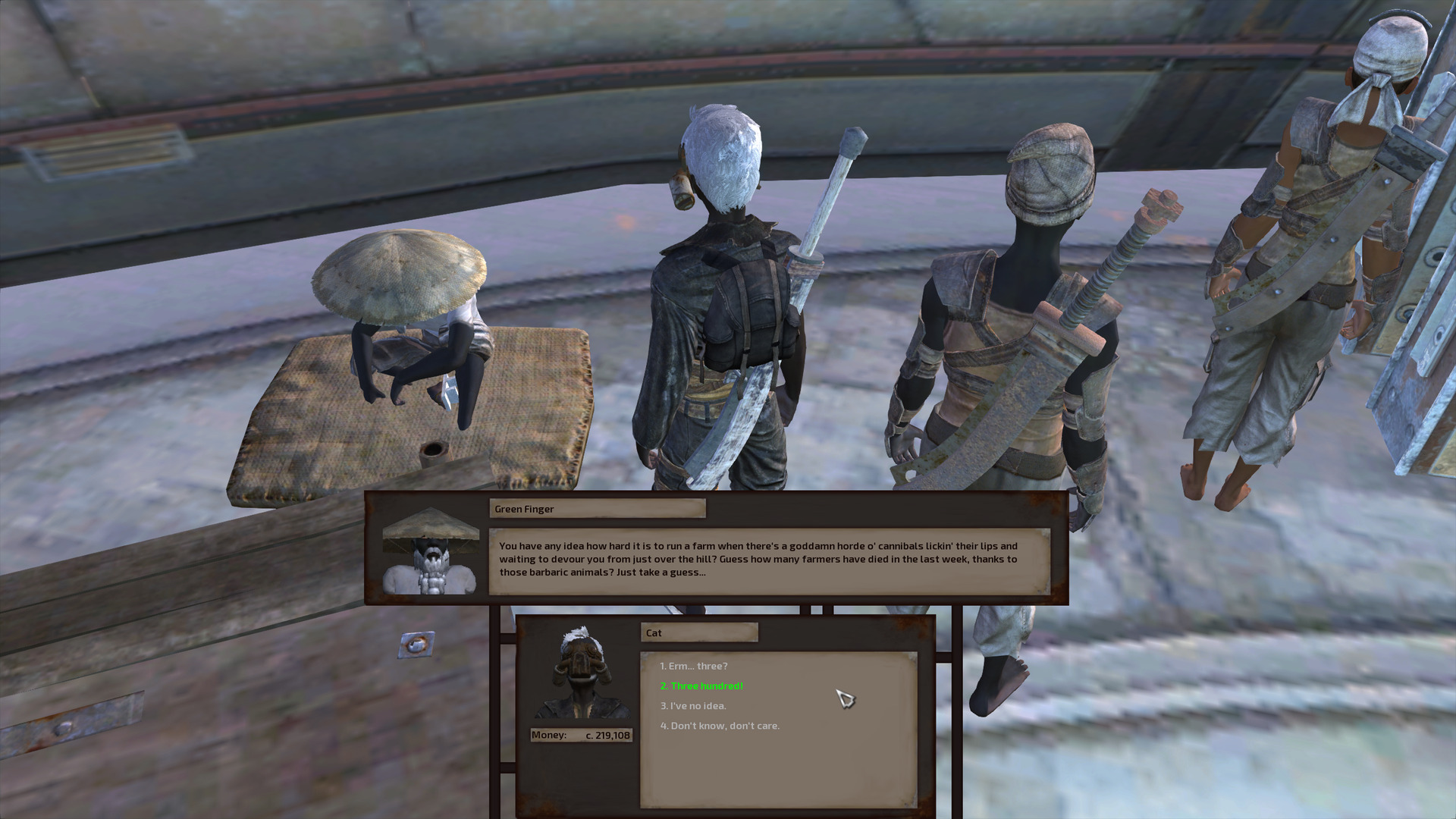 Cat speaks with Green Finger. Full-bearded feels like a bit of an insufficient term to describe this guy's whole situation. He's got a big long beard groomed all fancy in a style reminiscent of a fantasy dwarf, the lower half segmented with a series of ties like a bubble ponytail.