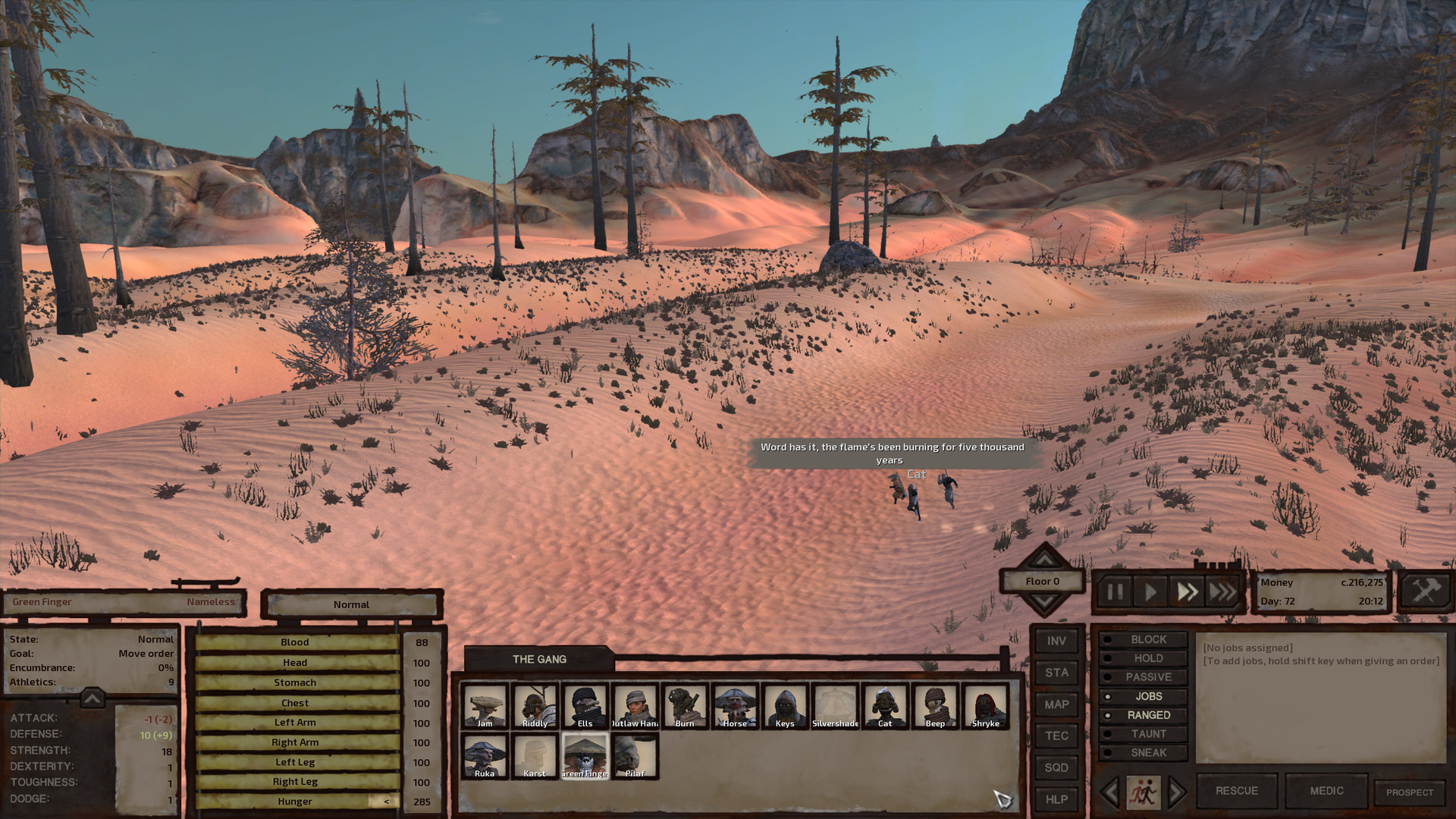 The three humans run across a sandy valley of gentle, wavelike ridges with scrub populating the peaks and bare sand filling the troughs. A few tall, sparse trees, like lodgepole pines with bare tops, decorate the scene. Rocky outcroppings ahead block the horizon while to the right, a mountain face pokes into the shot.