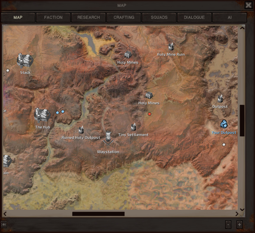 The map. The gang's base is at the right edge, labeled Your Outpost since I haven't come up with a name for it yet. The Hub is pretty close to the left edge. North of The Hub and a little further west is a white dot, just southwest of the Holy Nation city Stack. A little to the east of The Hub are two light blue dots. There is a red dot close to the middle, south of some Holy Mines where the Border Zone meets Skinner's Roam. One final white dot is just a little bit south of the gang's base.