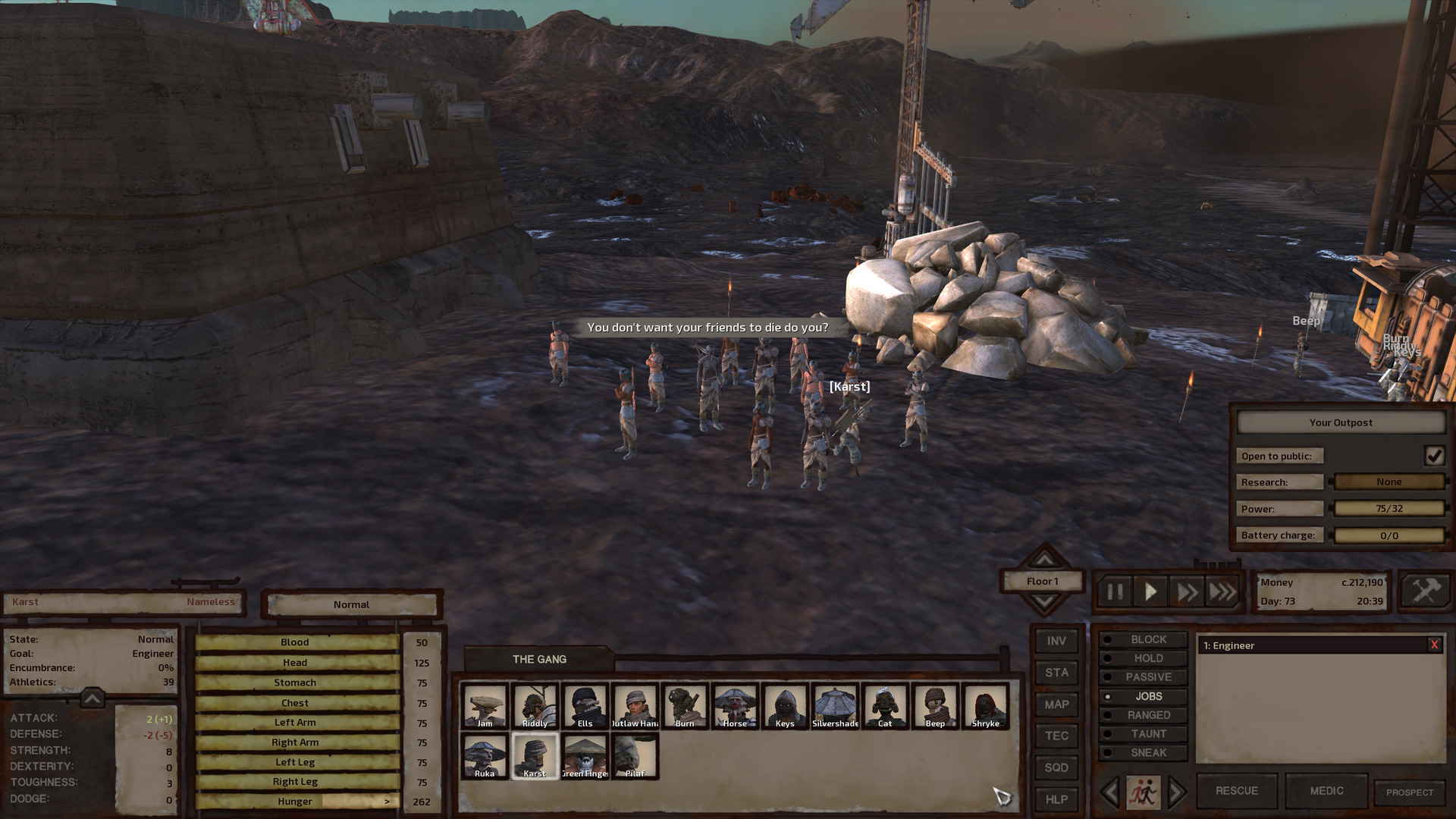 Thirteen dust bandits stand on the black, muddy ground in the middle of the base. To their left is the L-shaped stone building that houses the research lab. To their right is the tall electric windmill and the pile of white rocks that serves as a stone mine. Past that is the stone refinery where Beep, Burn, Riddly, and Keys look on as Karst runs right through the middle of the group of dust bandits, completely unbothered.