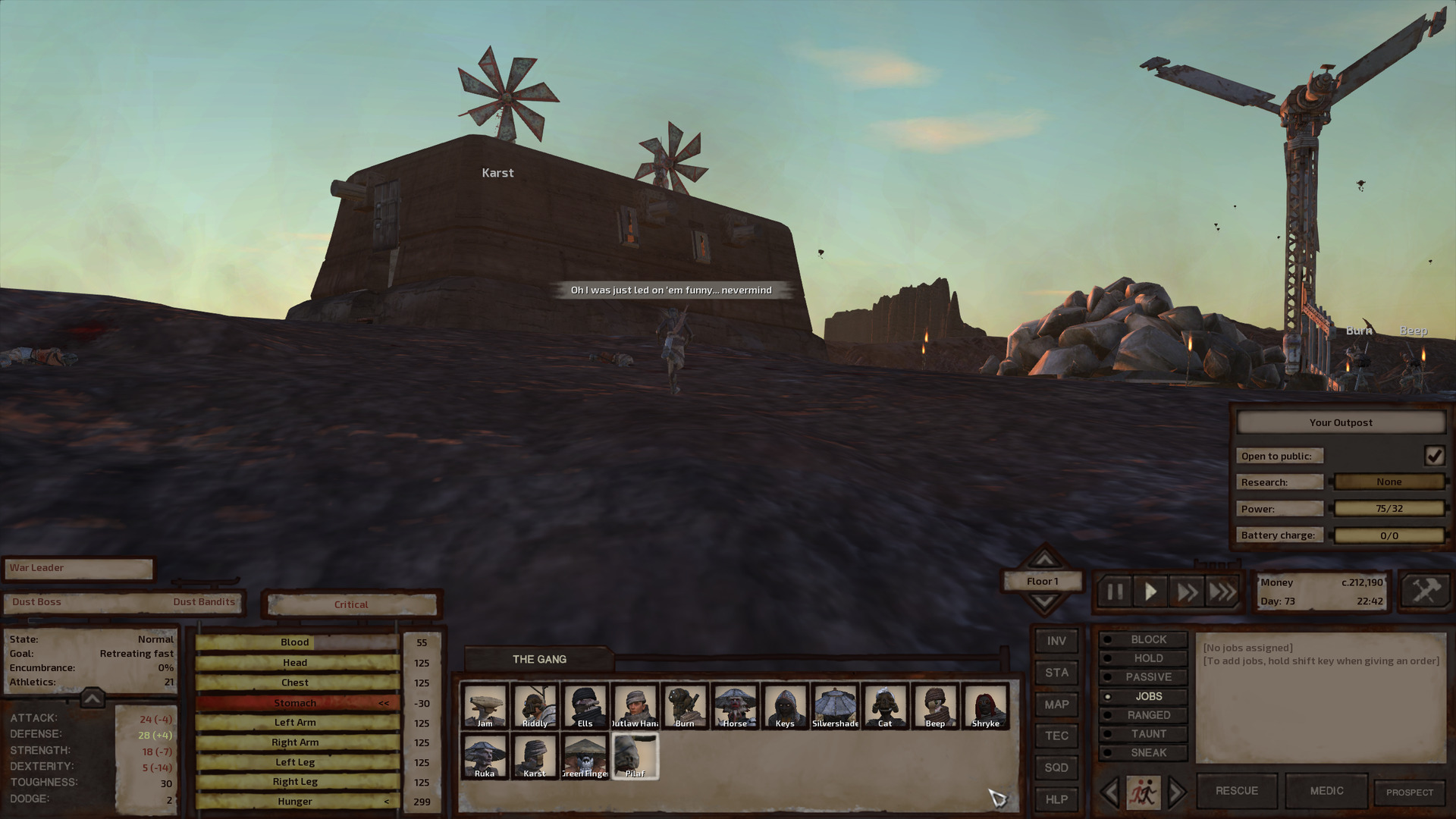 The Dust Boss, a brown-skinned shek man in an armoured rag skirt and a patchy spiked metal helmet, flees westward. Back, he hopes, to whence he came. The lab is in front of him, a single-storey stone building with two short little windmills on the roof. As the shot is from a very low angle halfway down a hill, it forms a skyline together with the stone mine, the tall windmill, and a massive distant rock outcropping that juts into the horizon between these buildings. The sky is visibly dusty, an effect amplified by the evening sun subtly tinting the sky yellow just before it sets. It should be noted that the Dust Boss has a critical stomach wound: His stomach's HP at -30 and rapidly getting worse. The rest of his body is in perfect condition. If I had to guess, I'd say he probably got gored by Pilaf. She hits really hard.