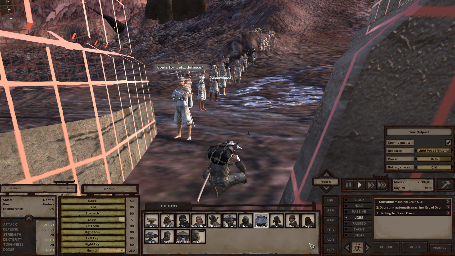 The nomad animal trader, a fair-skinned human woman in a beige tagelmust and armoured rags over a white tank top and short pants, stands between two under-construction buildings. Silvershade squats in front of her. Behind her, the rest of her band of nomads forms a single file line leading halfway up a hill, with a few animals at the back.