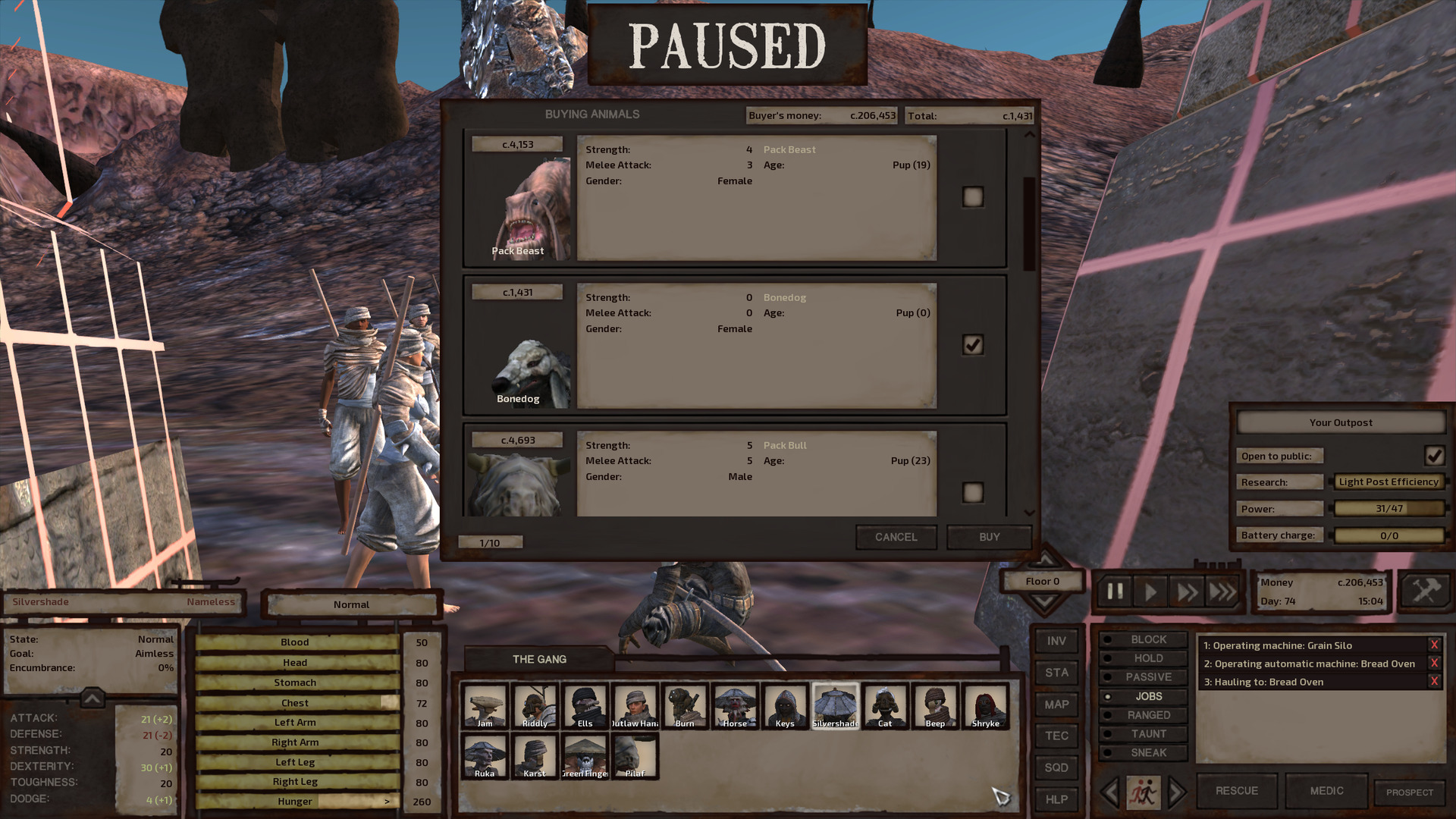 Silvershade is browsing the animals for sale. A garru, a bonedog, and a pack bull are each shown with their price, strength, melee attack skill, age, and gender. Silvershade will end up buying the bonedog for a price of 1,431 Cats and whose strength is 0, melee attack is 0, and age is 0. She is female.