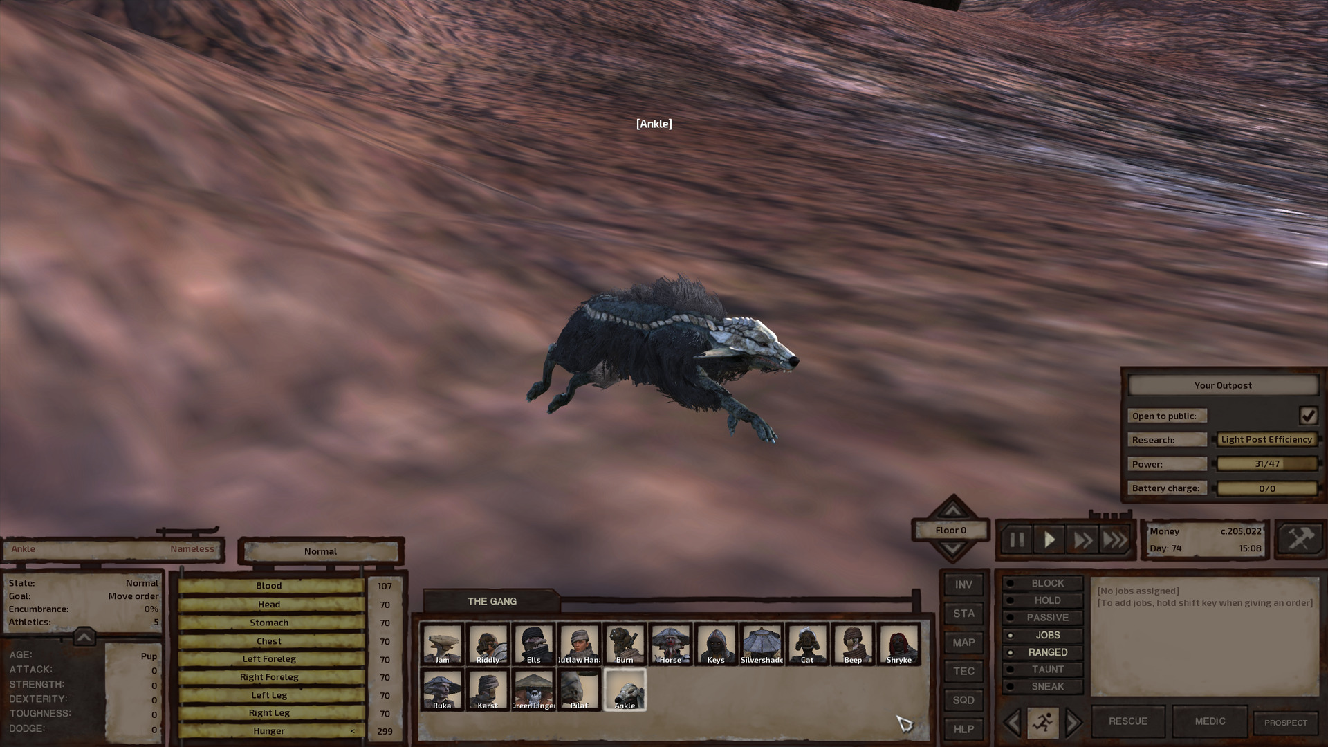 A sprightly bonedog pup bounding across the brown hillside. I haven't described one of these since Chapter 1-7 so it would be a good time to revisit that. Bonedogs are dogs with shaggy black fur covering most of their torso and sticking up in the middle of their back, giving them the appearance of a crest or a hyena-like mane. They have bony plates covering the upper half of their head, under which triangular floppy ears droop down. The bony plates on their head extend into a ridge on either side of their torso, running the length of their body and resembling a spine. All in all bonedogs are much more mean-looking than cute, but they're still cute if you ask me.