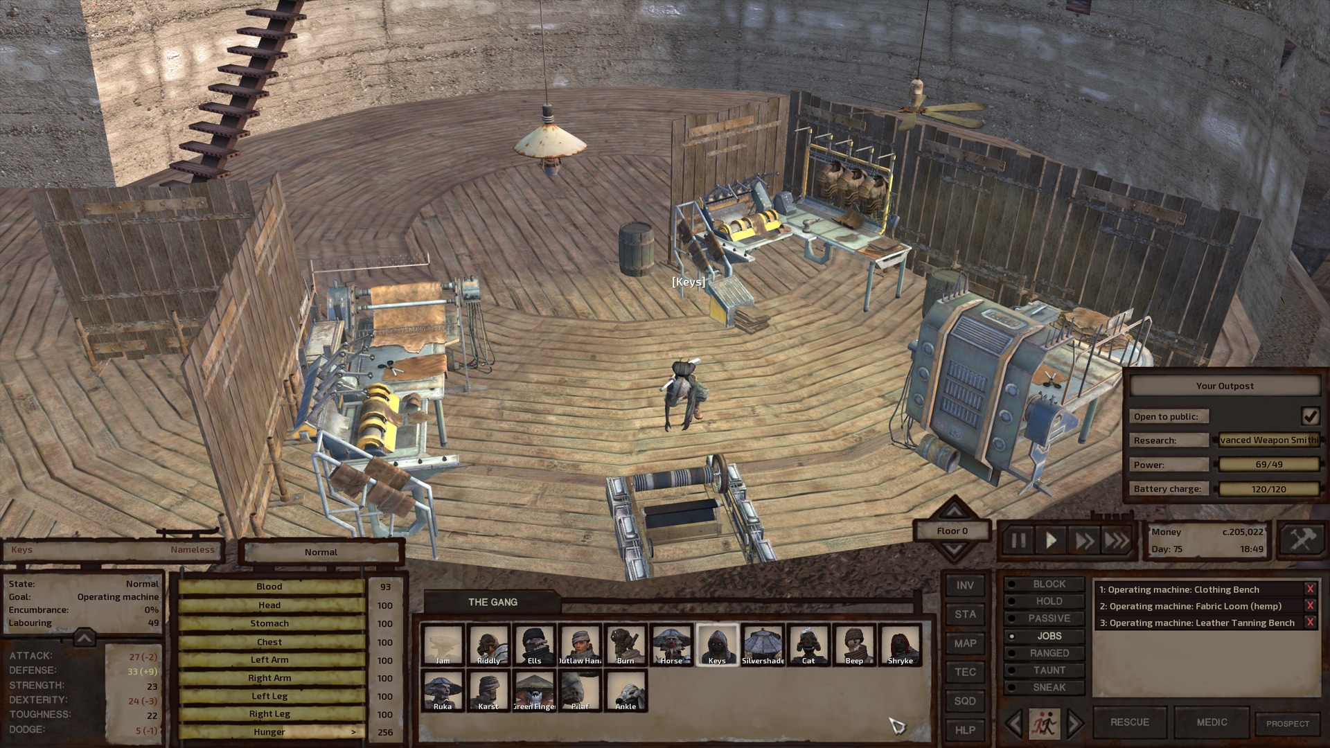 The interior of a large, round stone building, the kind of building used to house bars in several cities. Only about a third of this one has been furnished so far. Partially enclosed with wooden interior walls, this area has a loom, a station for sewing and tailoring, a leather tanning bench, and a leatherworking bench. A couple ceiling lights hang overhead. Keys is working the loom.