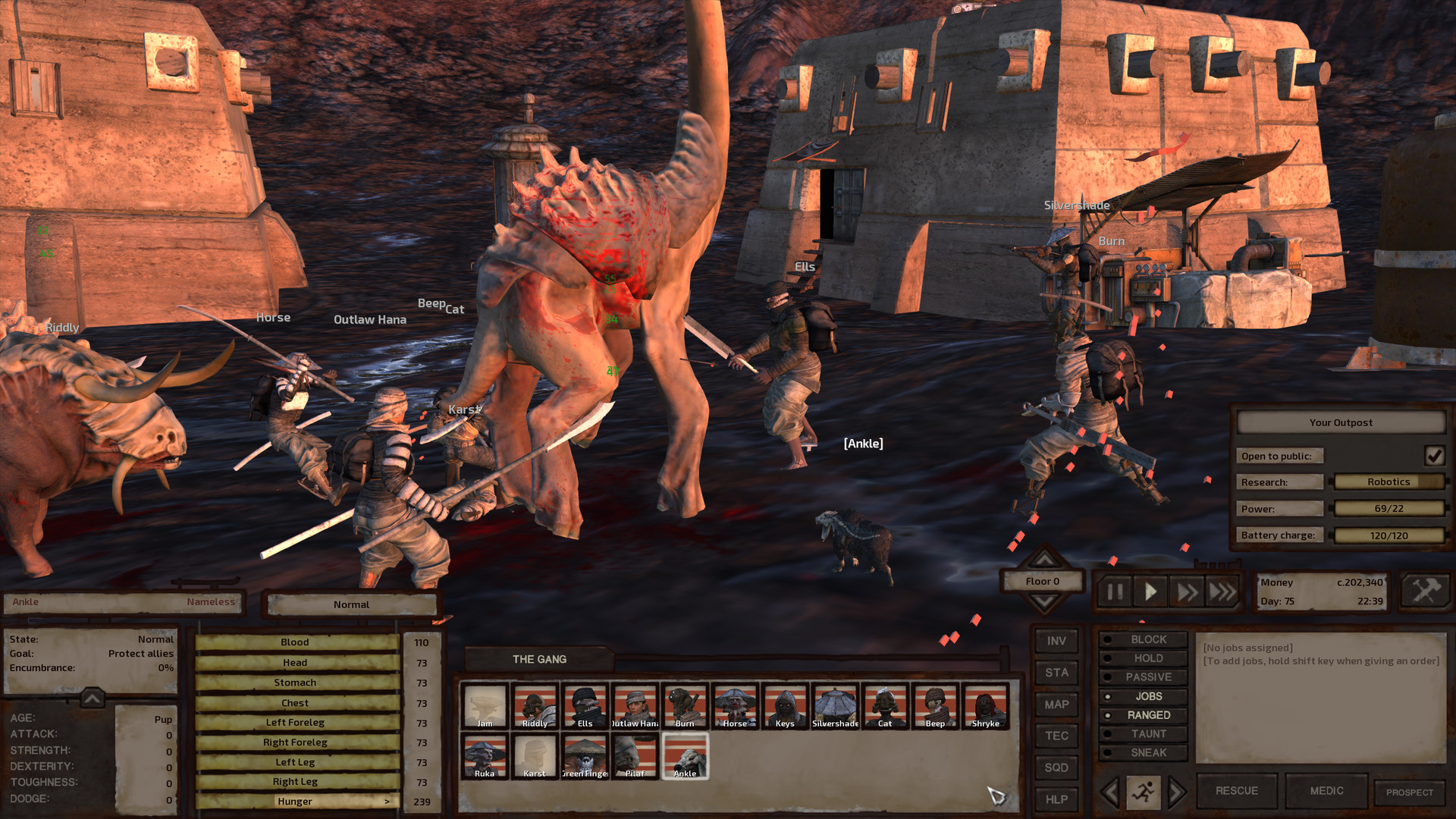 In front of two small houses, the grain silo, and the well, the gang fights a beak thing. The beak thing has blood sprayed across its flank; it is wounded. Ells stands in front of it, ready to endure its next attack, while Horse, Outlaw Hana, and Beep attack it with polearms from behind. Pilaf stands behind them ready to charge; Silvershade shoots from a safe distance; Karst is under the beak thing, unconscious on the ground. Burn and Ankle are in the foreground, preparing to attack the beak thing's flank. This scene reveals Ankle to be so, so small! She is just a little dog, not quite up to Burn's knee, barely even as tall as the beak thing's digitigrade toes.