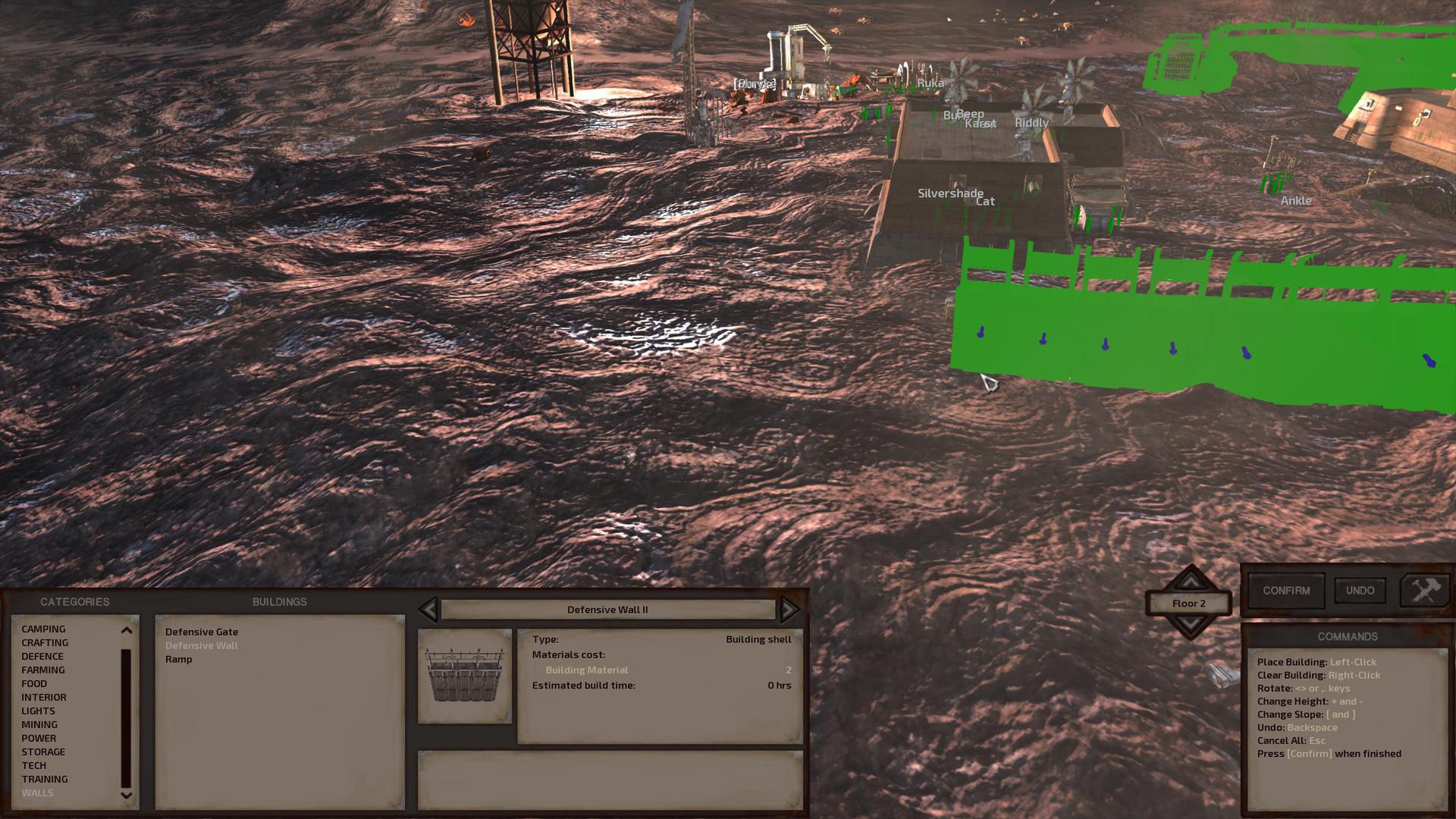 A partially-placed wall stretches around the base,all bright green since we're in the build screen. A flash of lightning illuminates the scene, casting the whorl and wave patterns in the mud in sharp relief.