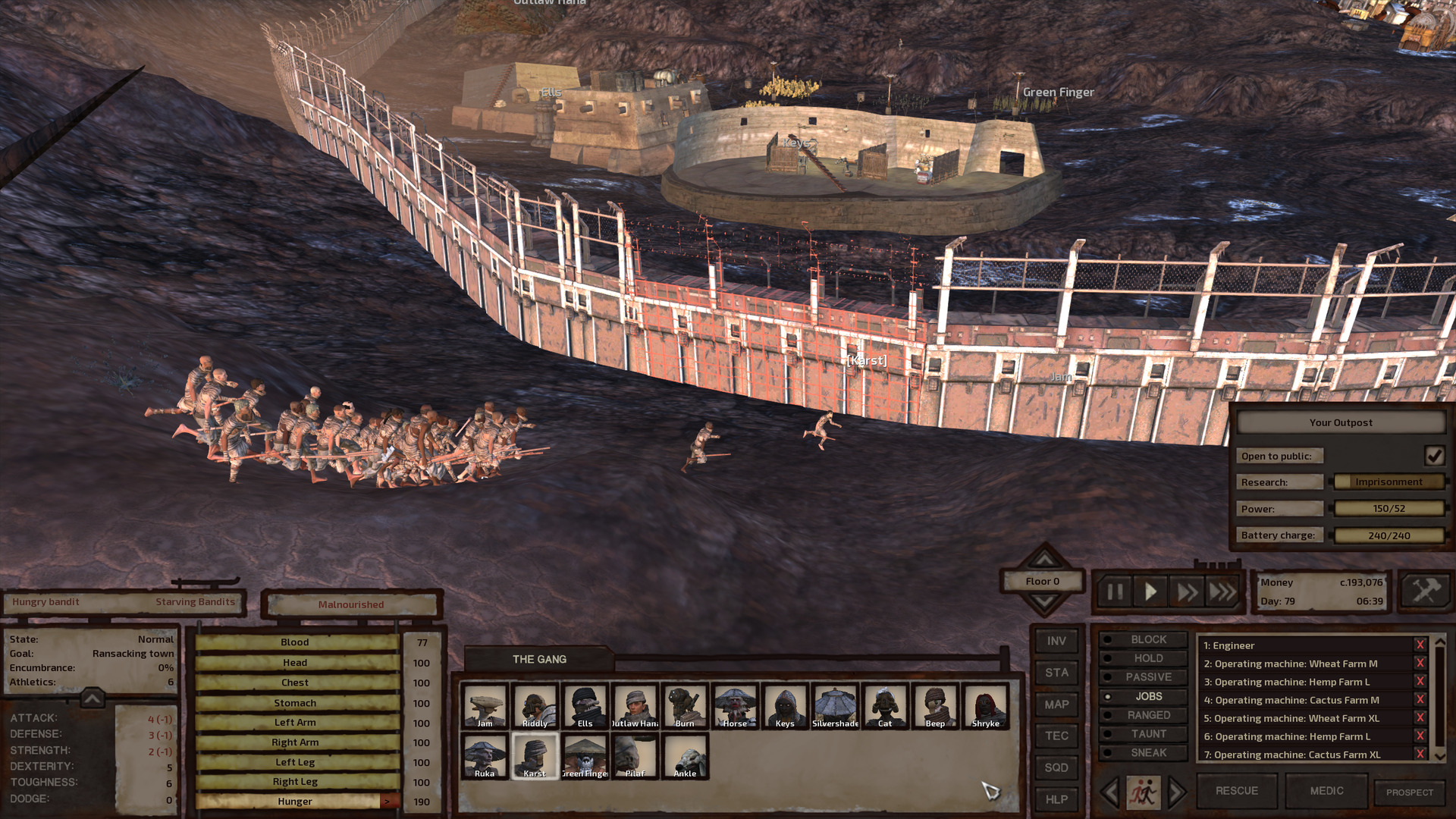 A cluster of 30 or so hungry bandits runs toward the base wall. The section they're running directly toward is covered in red grid lines, its construction still in progress. Behind it are Keys' armoury, two small houses, and the farms.