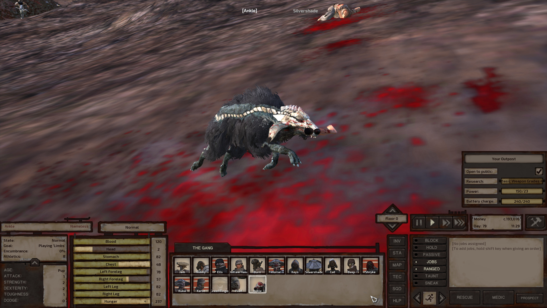 Ankle bounds across the blood-stained ground with a fair-skinned human leg in her mouth. Behind her, a hungry bandit lays on the ground in a pool of blood.