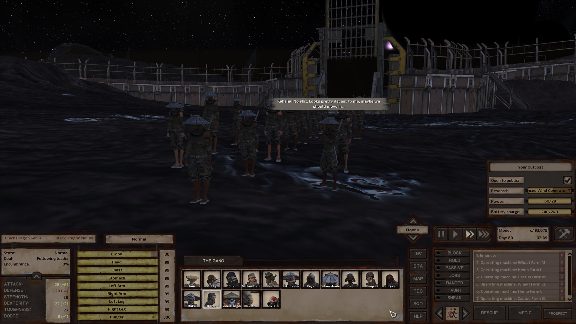 Inside the base with the open gate in the background, fifteen or so Black Dragon Ninjas stand ready. They wear conical iron hats, ninja rags, knee-length black leather pants, and white wooden sandals. They are all human. Above, it's a clear, starry night sky.