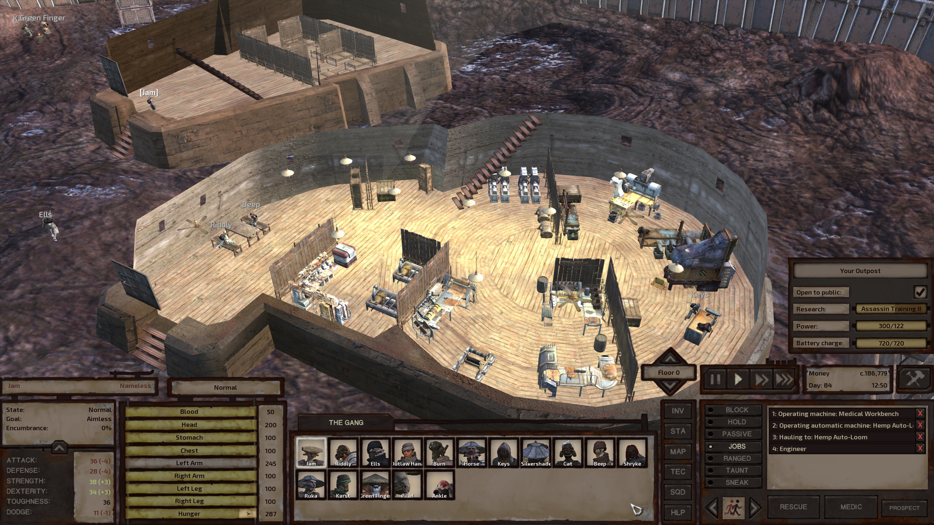 The ground floor of a large two-storey building with the entryway curving out from the side of a large, circular central area. It's called a Snailhouse if that helps envision the shape. This one is divided up into several rooms, each quite full with crafting benches. In the entrance corridor, there's a single table. Riddly and Beep are sitting there.