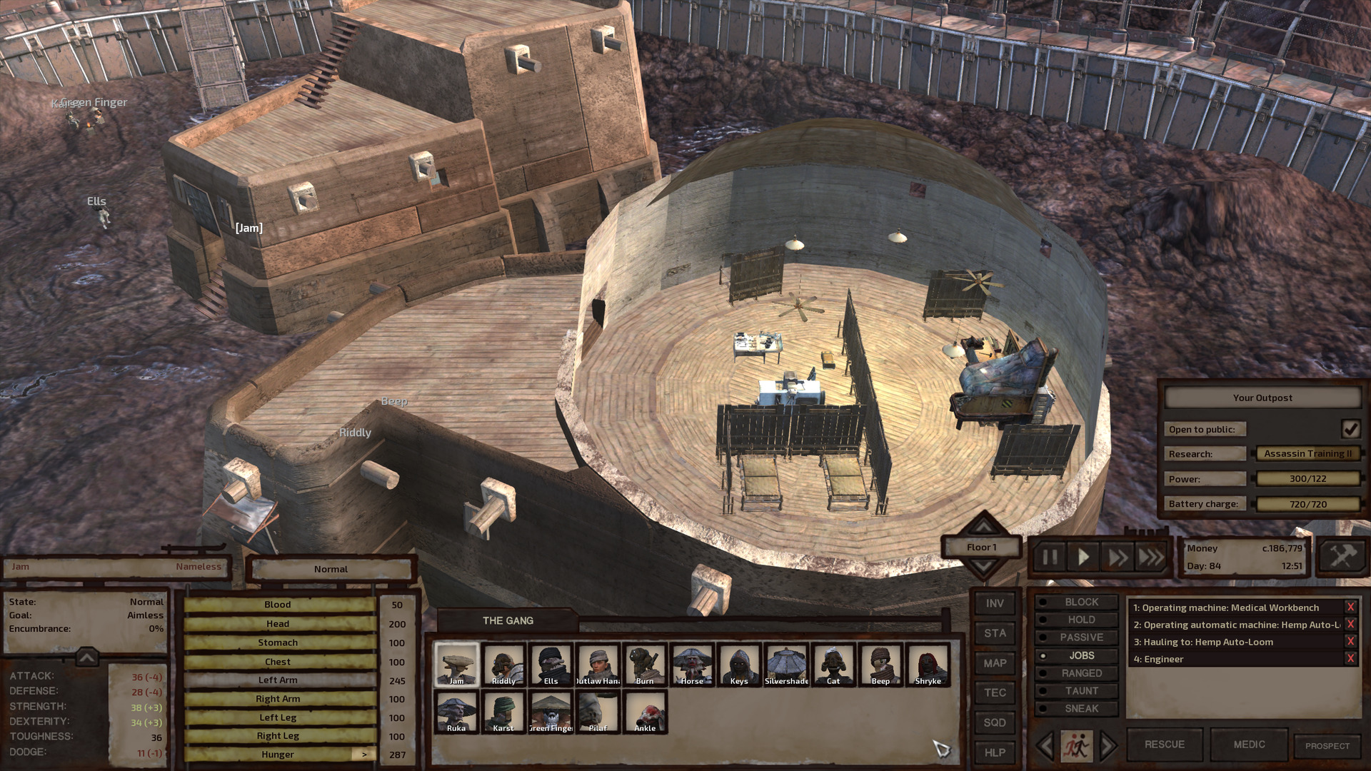 The second storey of said building, in which the indoor area is just the main circular part. The head of the snail, so to speak, forms an oddly-shaped balcony. The interior part here is much more sparse-looking and less full than downstairs but it has crossbow crafting equipment in a central room, a weapon smithy in its own room on the far side from the balcony, and a small room adjacent to both with two beds.