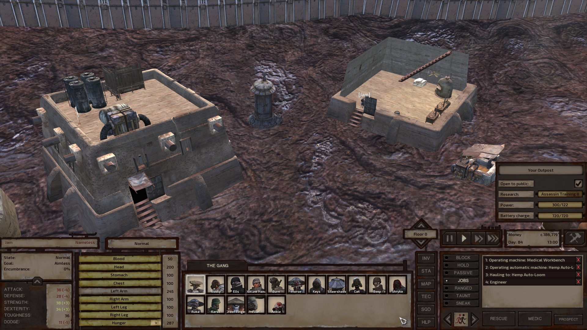 Two small square buildings with a grain silo between them and a well off to the side. The one on the left has a bunch of metal storage tanks and a machine with tubes sticking out of it on the roof. The one on the left, in cutaway view to show the interior, is largely empty but has a bread oven, a pile of flour sacks, and two cooking stoves along the right wall.