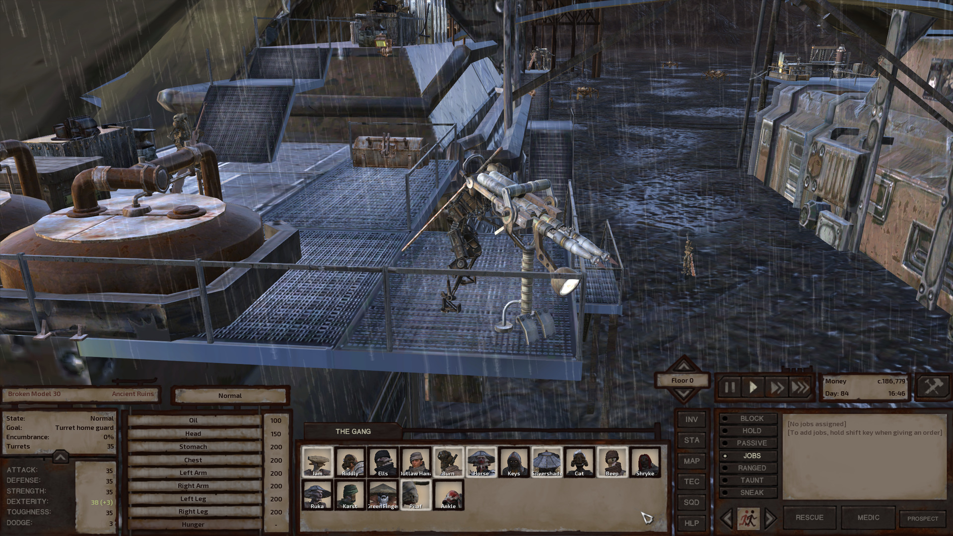 On a metal walkway at the end of the workshop, a skeleton aims a turret out into the Deadlands while several others mill about behind them. The turret has two long barrels, each with a deadly sharp harpoon poking out the front, and a spotlight underslung.