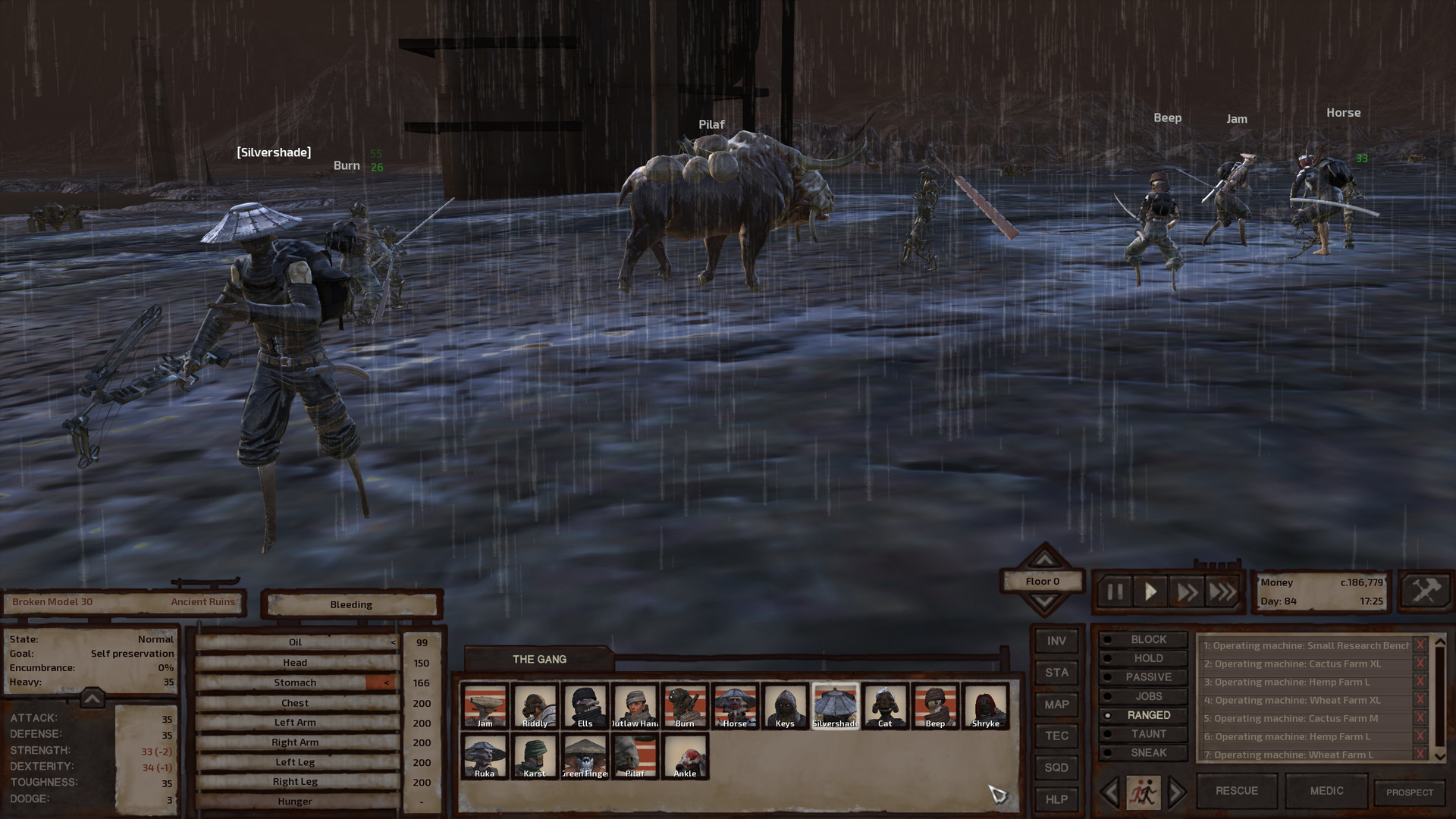 Silvershade steps toward the camera, crossbow in hand, as the gang fights skeletons behind them. Burn tangles with one; Jam and Horse are embroiled with another. Centre frame, a third skeleton winds up for a weighty overhead blow against Pilaf while Beep awaits an opening for a counter-strike, naginata at the ready.