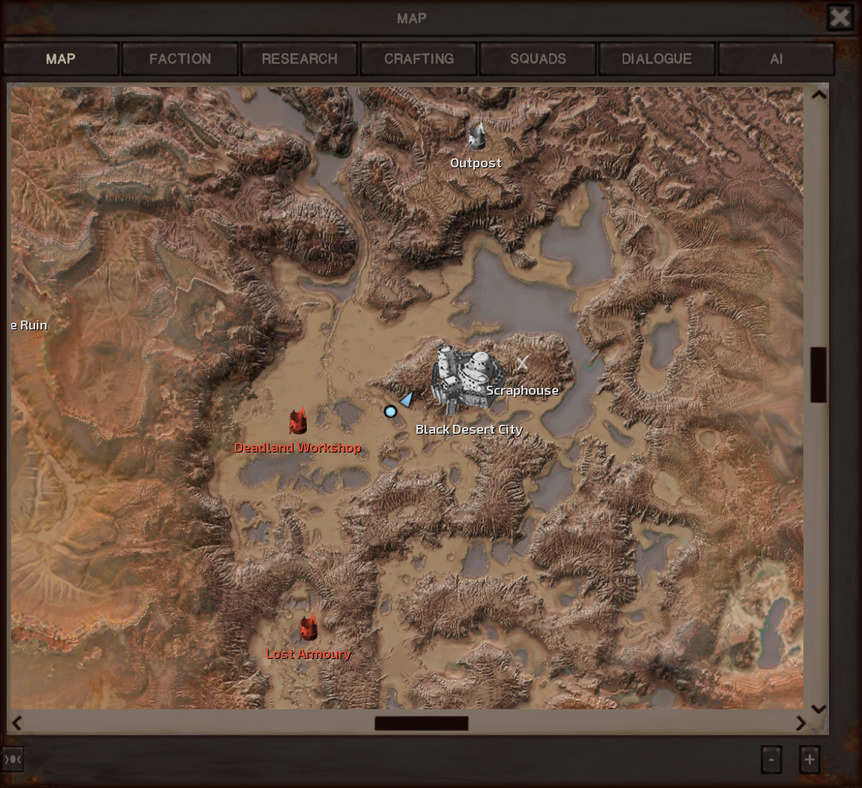 The map, showing that the gang is in the middle of the Deadlands with the Deadlands Workshop to their west and a city called Black Desert City to their east. In all, the map of the Deadlands shows it to be a land of many ponds and lakes between numerous hills. A lovely vacation spot, Jam thinks. Shame none of their human or shek friends could join them for a dip.