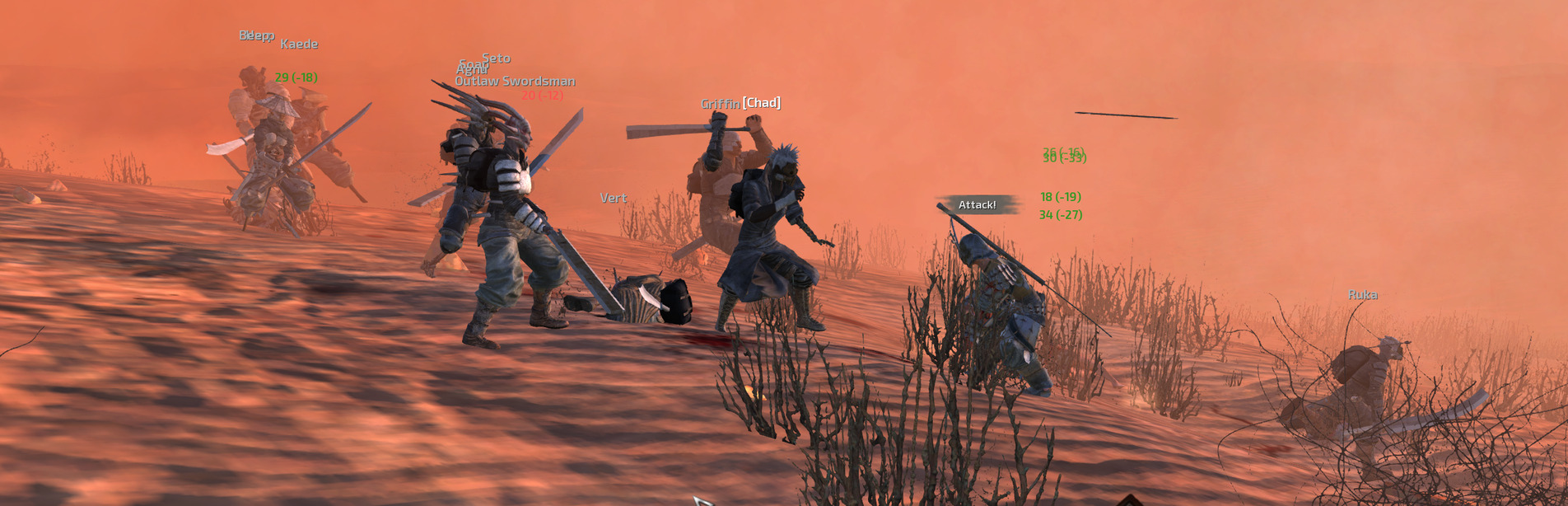 Various characters battle it out on a sandy hill, wiry scrub growing here and there. A sandstorm howls through the scene, making visibility difficult. This image is from a previous playthrough of mine so if you were thinking it might contain spoilers for the let's play, think again!